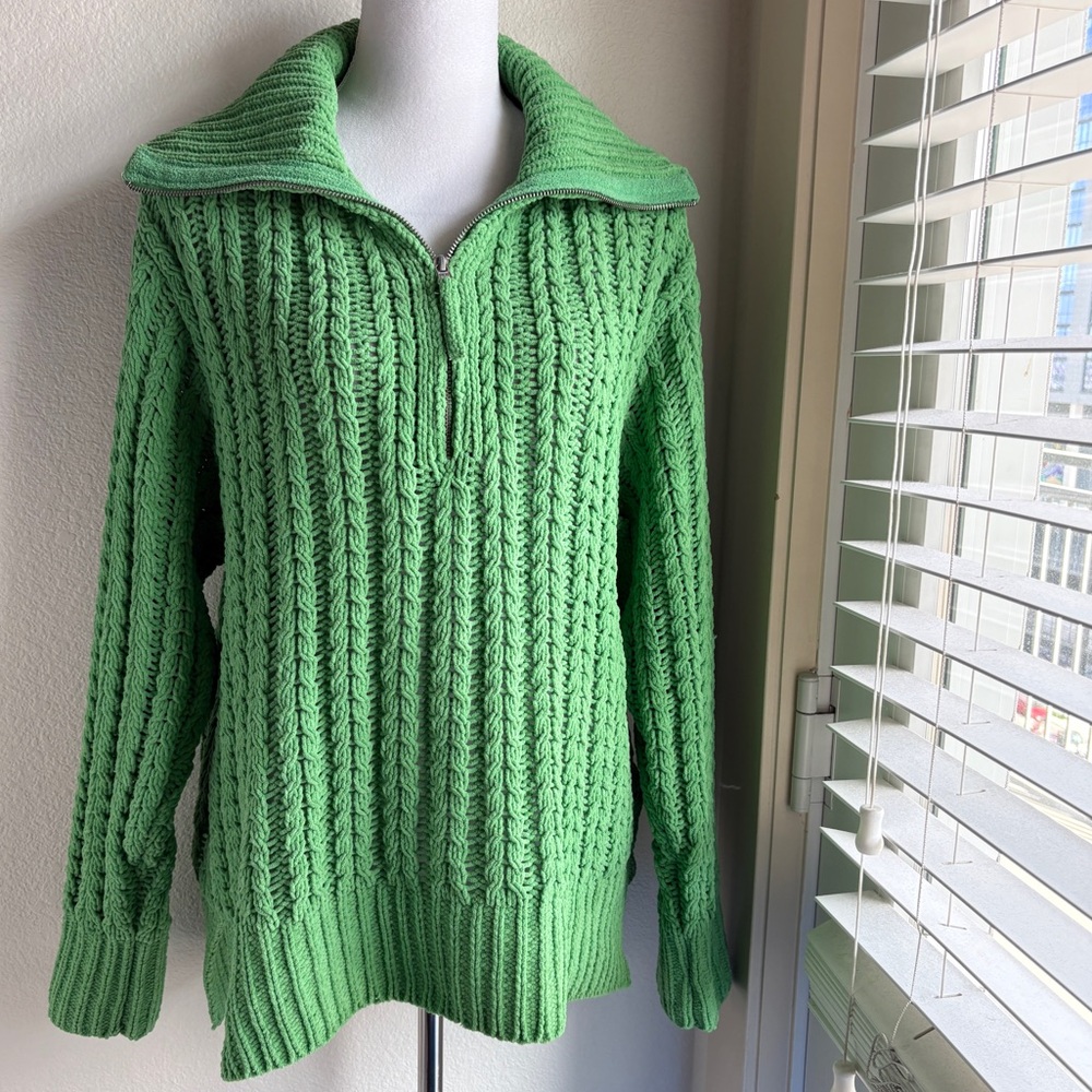 Aerie Cable Car Quarter Zip Sweater in Green Knit XS - Picture 2 of 7